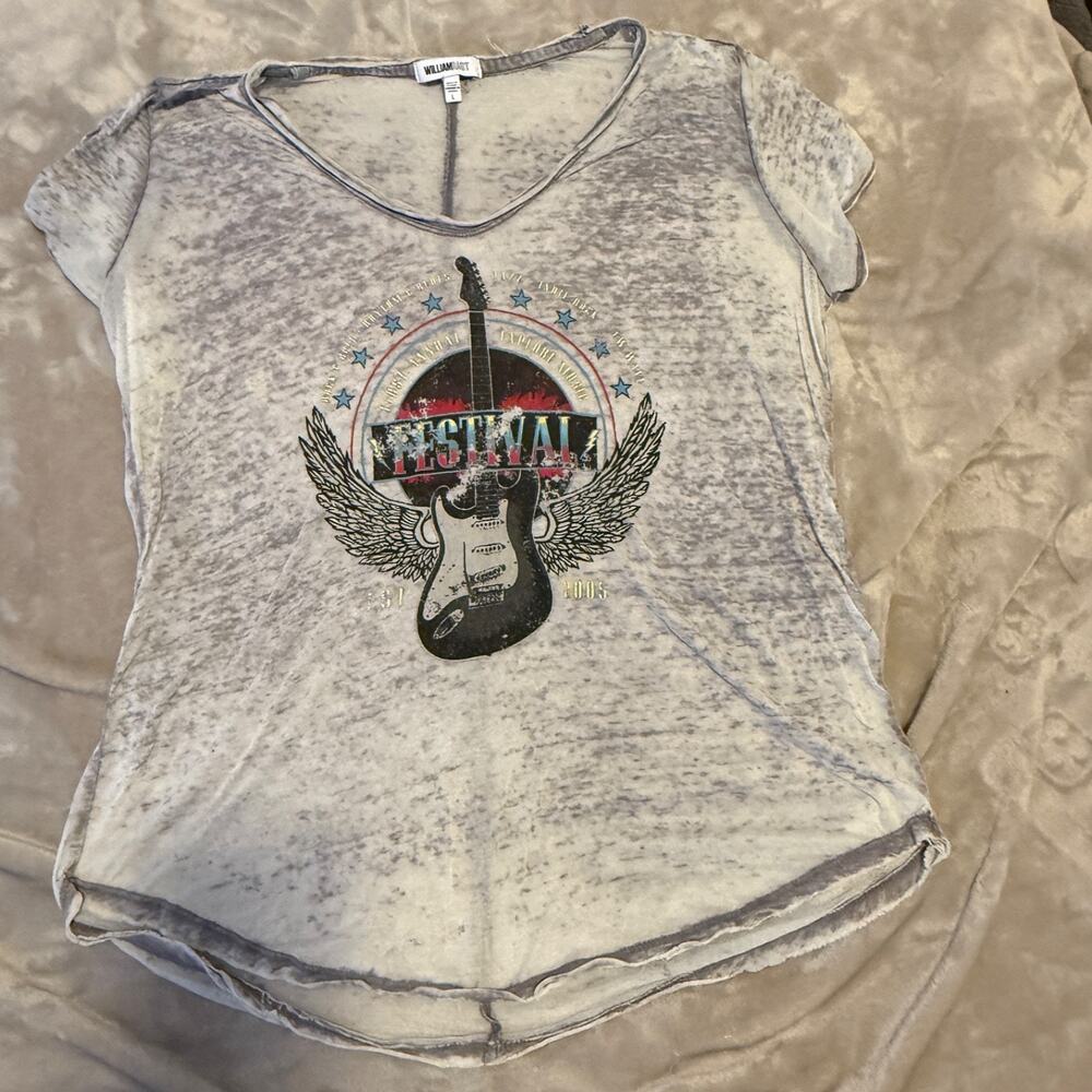 William Rast Burnout T-Shirt Women's Large Gray Guitar Wings Festival Graphic